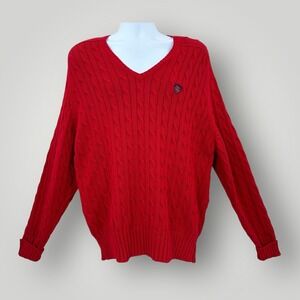 VTG Polo Ralph Lauren Cable Knit Sweater Mens L Chunky Red Preppy Logo V-Neck